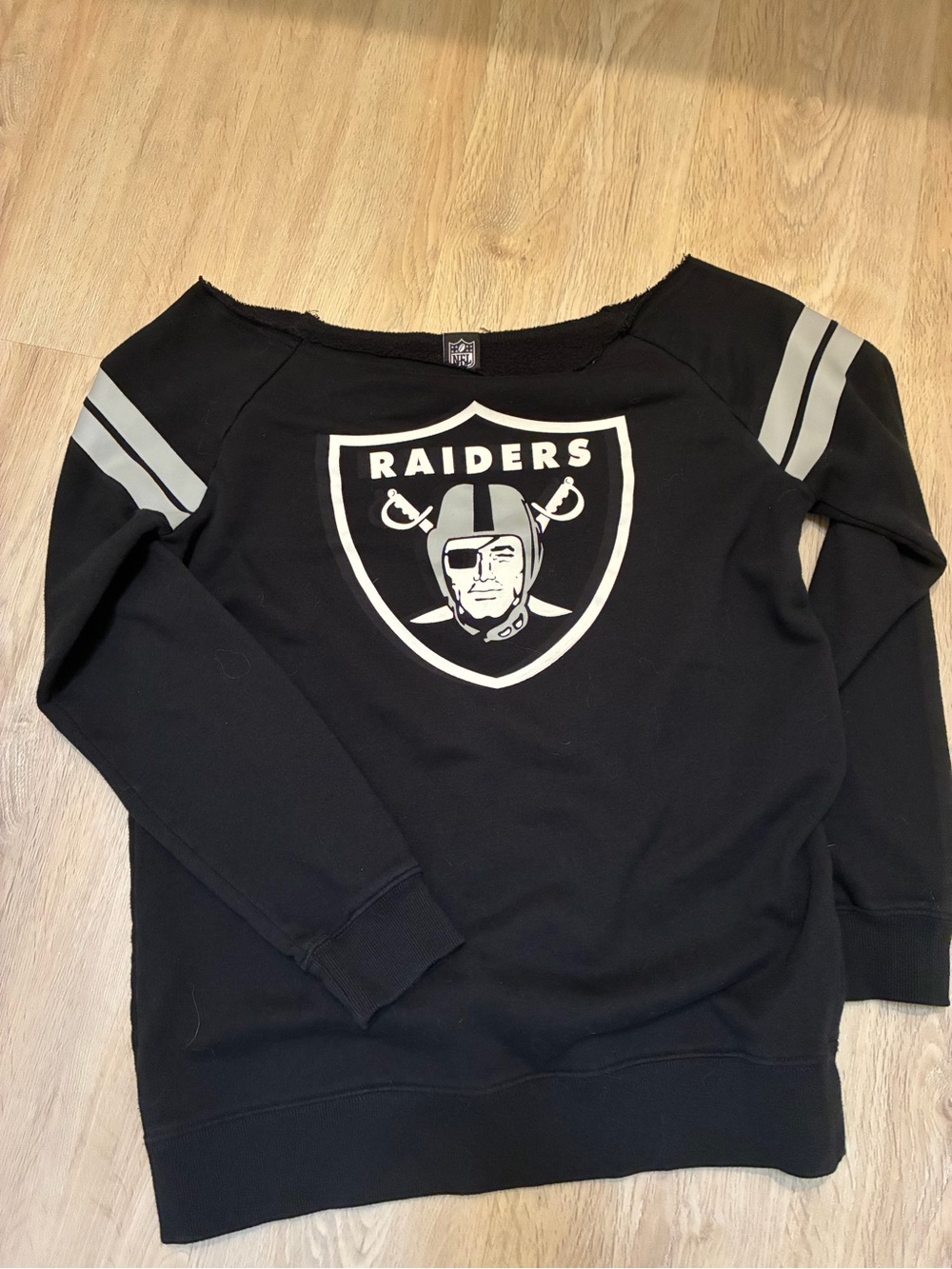 NFL Raiders Black Sweatshirt with Silver Stripes and Shield Logo